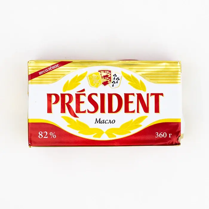 Масло кисло-сливочное несоленое 82 %, President, 360 г