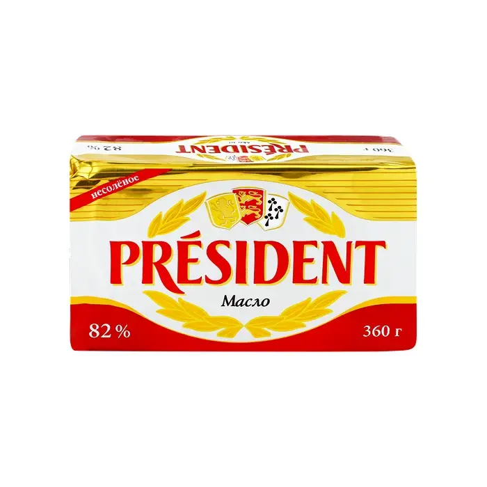 Масло кисло-сливочное несоленое 82 %, President, 360 г