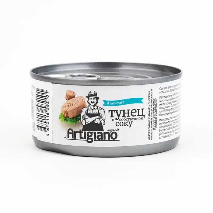Тунец филе-ломтики в собственном соку Artigiano, 185 гр