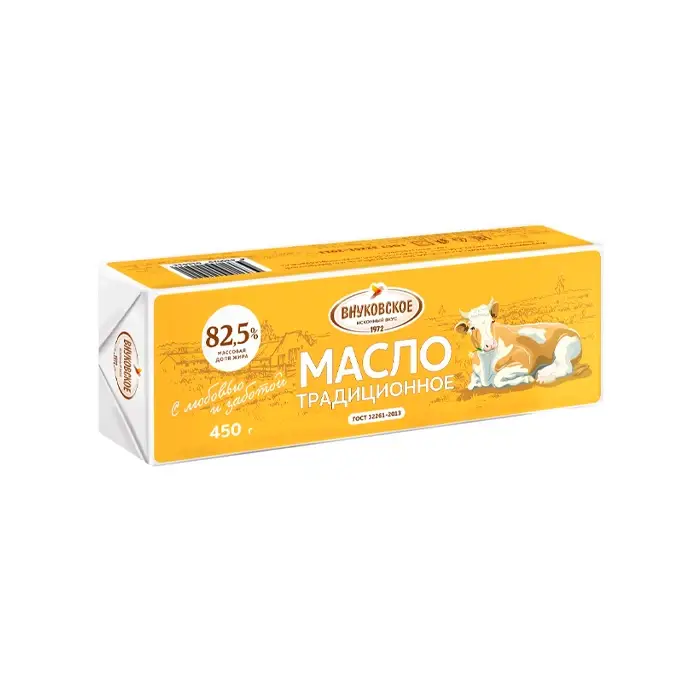Масло сладкосливочное несоленое Крестьянское жир. 82,5% "Внуковское" 450 гр