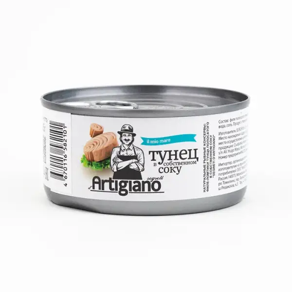 Тунец филе-ломтики в собственном соку Artigiano, 185 гр