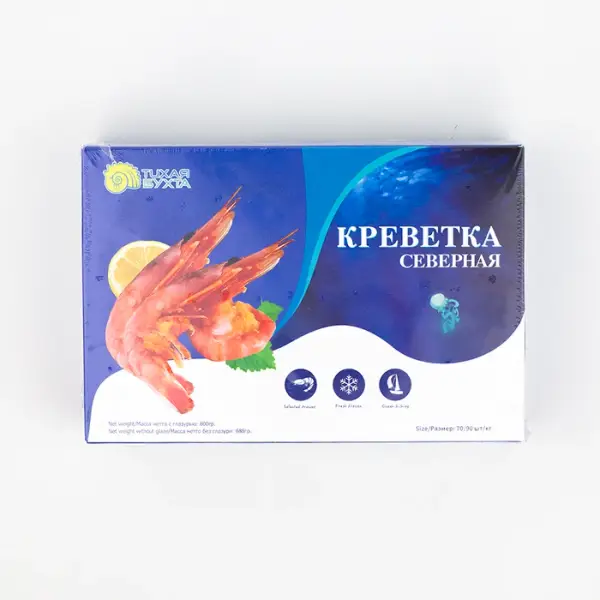 Креветки вареные с головой в панцире 70/90, глазурь 14%, 800 г